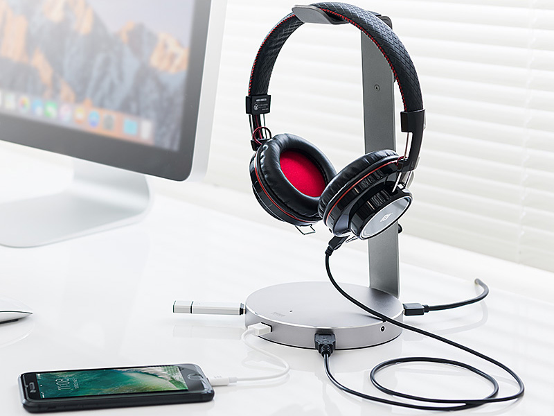 USB DAC内蔵のヘッドフォンスタンド。3ポートUSBハブ/アルミ製で4,214