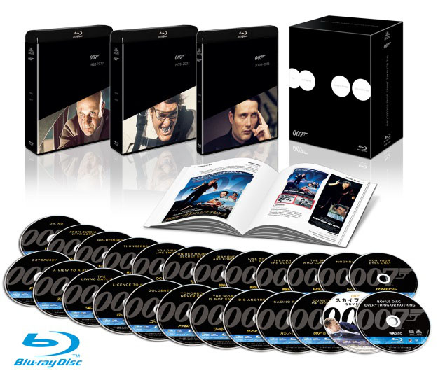 007全作と新特典収録のBD-BOX、24枚組25,000円。ボンドの俳優別BOXも