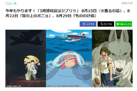 金ローで3週連続ジブリ。15日から火垂るの墓、ポニョ、もののけ姫
