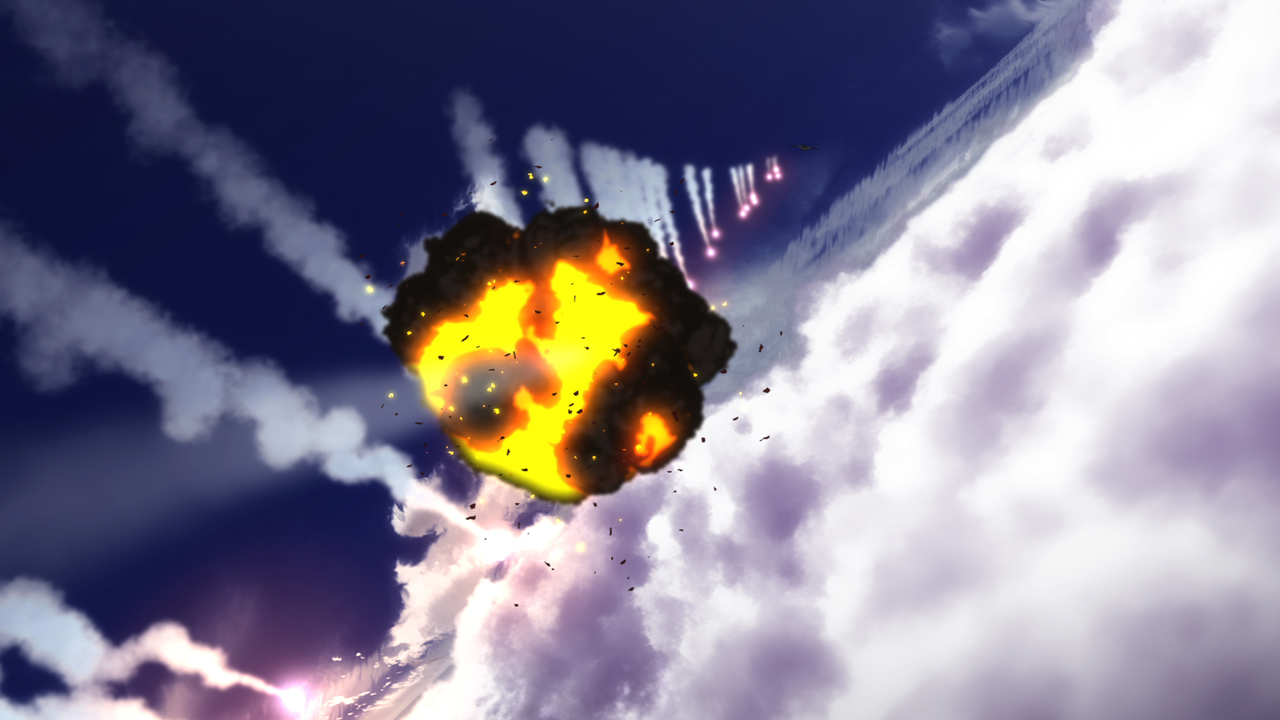 ジェットが戦闘機で中東へと出撃。ドッグファイトを展開するシーン「このシーンもスゴイですね。激しく雲が流れる中で、モアレっぽい模様が出がちなのを対策しているんですが、ちゃんと表現できています。太陽光がしっかり当たっている感じがしますしね。これはめちゃくちゃキレイ。ジェット機が引く煙が汚く見えやすいんですが、そこがキレイに見えてますね。8bitだと煙が汚くなってしまうし、全体にほこりっぽい。コントラスト感も違うし、機体に太陽光が当たった時のピカッとした眩しさが違いますね」<br class="">(C)2012 「009 RE:CYBORG」製作委員会