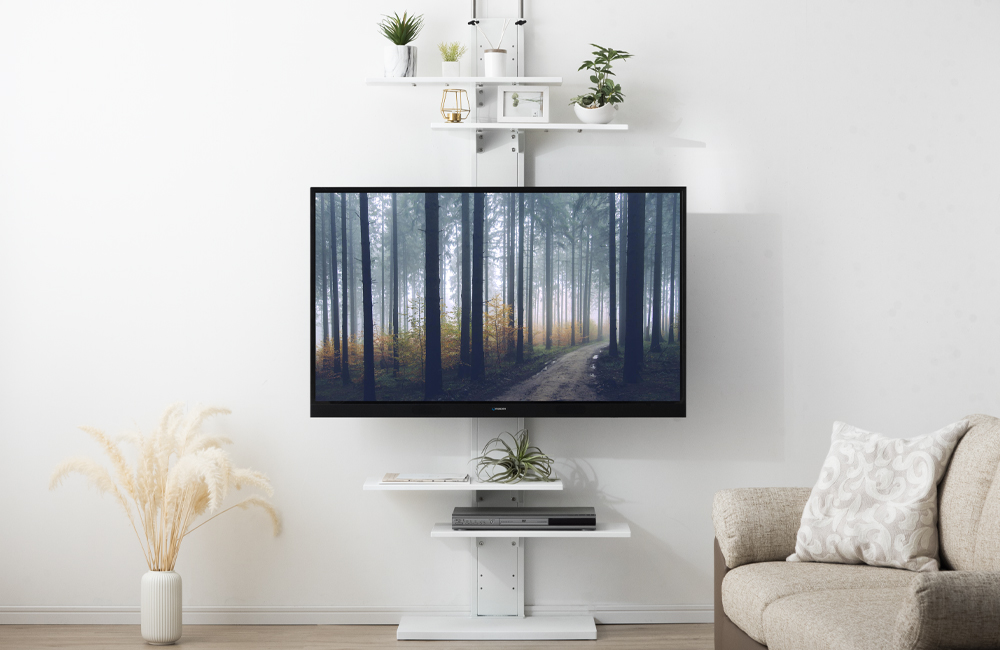 穴をあけずに壁掛け風、テレビ上の空間も活用できるTVスタンド - AV Watch