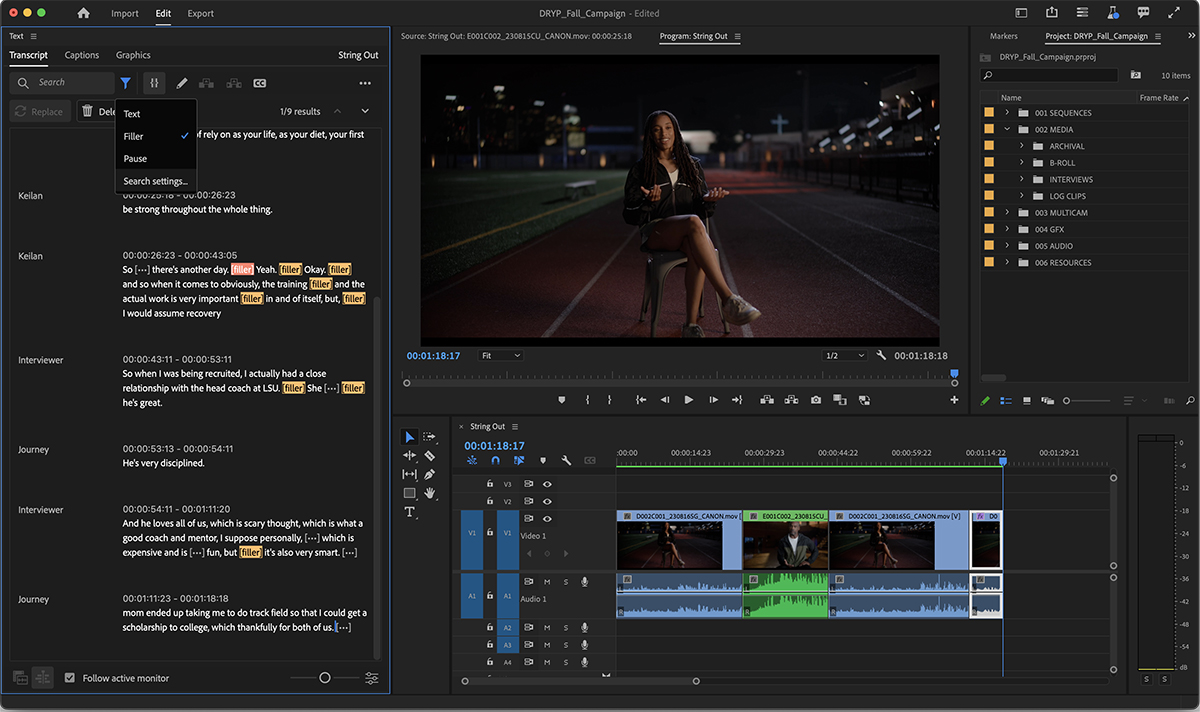 アドビ、Premiere Pro「あの」「えーと」を検出して一括削除する新機能