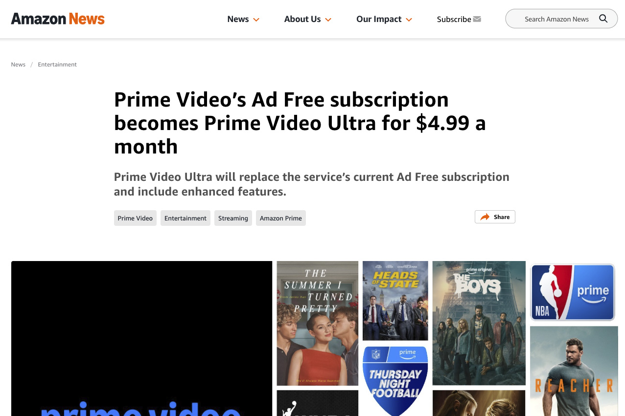 Amazon、米国で広告なし4K/Atmosの「Prime Video Ultra」開始。通常Prime会員はHD解像度に