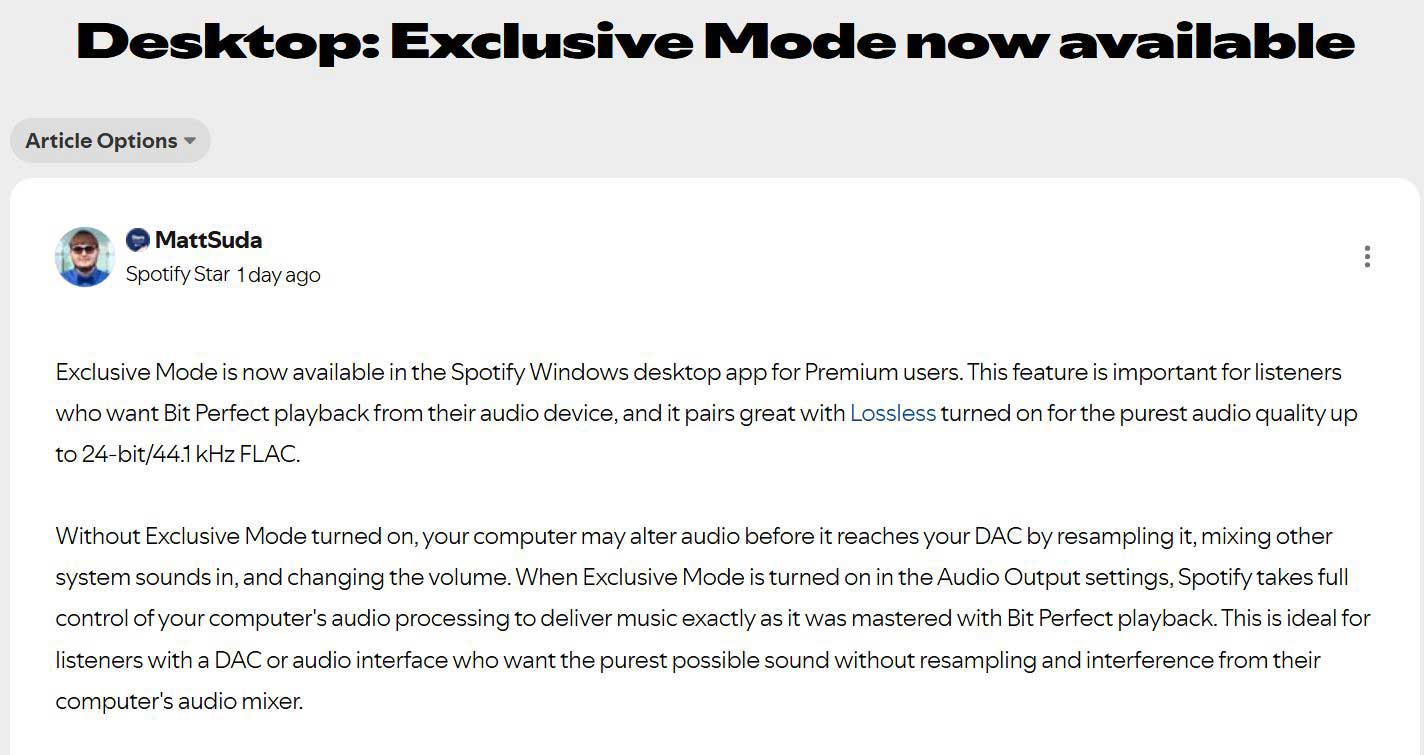 Spotify、Windows版アプリにビットパーフェクト出力の「専用モード」