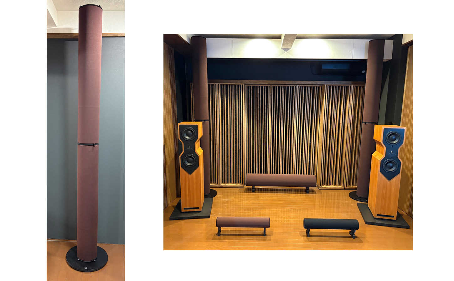 エスカート、天井やコーナーの音だまりを防ぐ音響チューブ。高さ2.4m