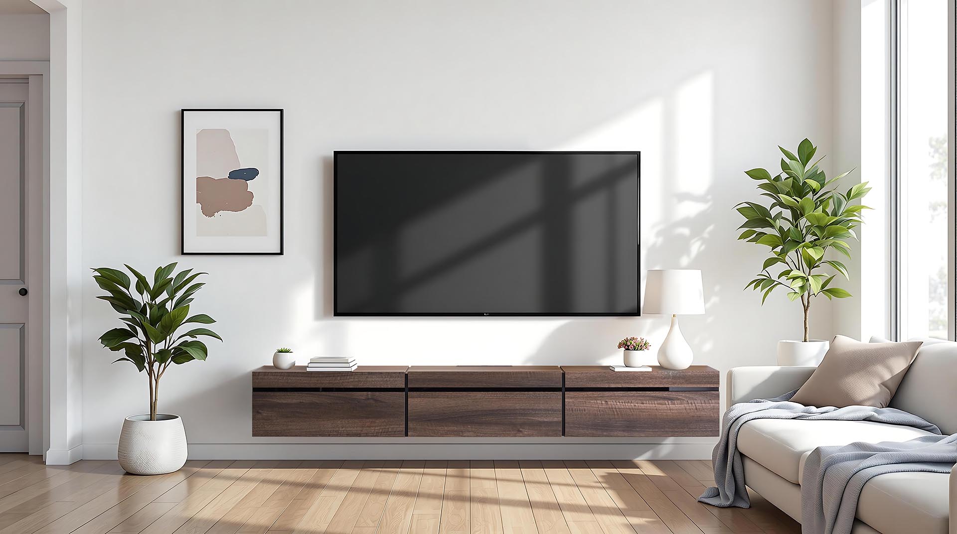 壁掛けテレビと組み合わせるフローティングボード。ユニット連結で